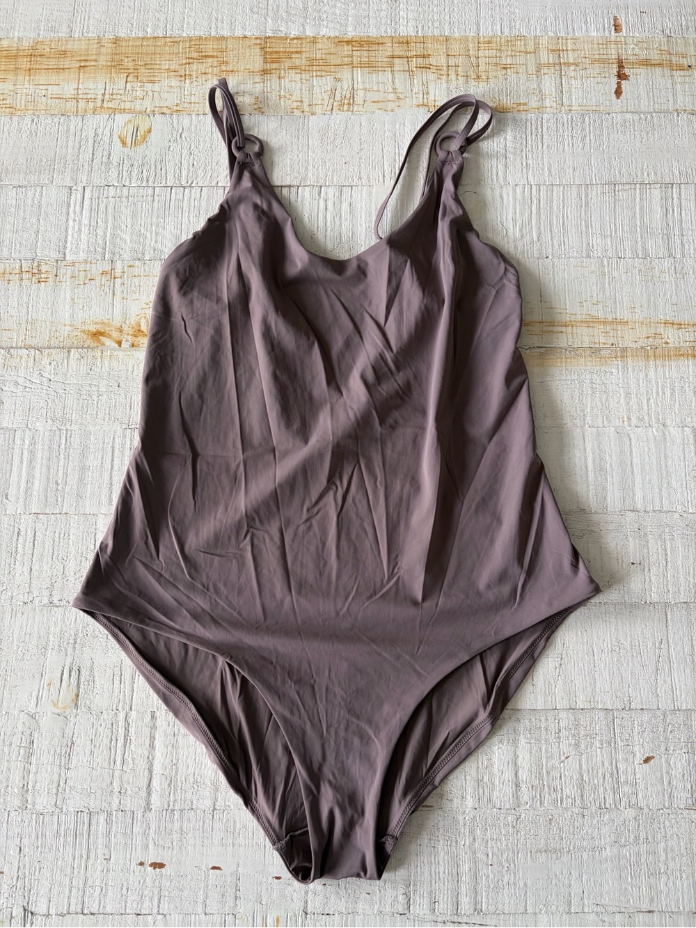 COS size 12 Mauve Grey One Piece Swimsuit Minimalist Ring Detail Double Strap